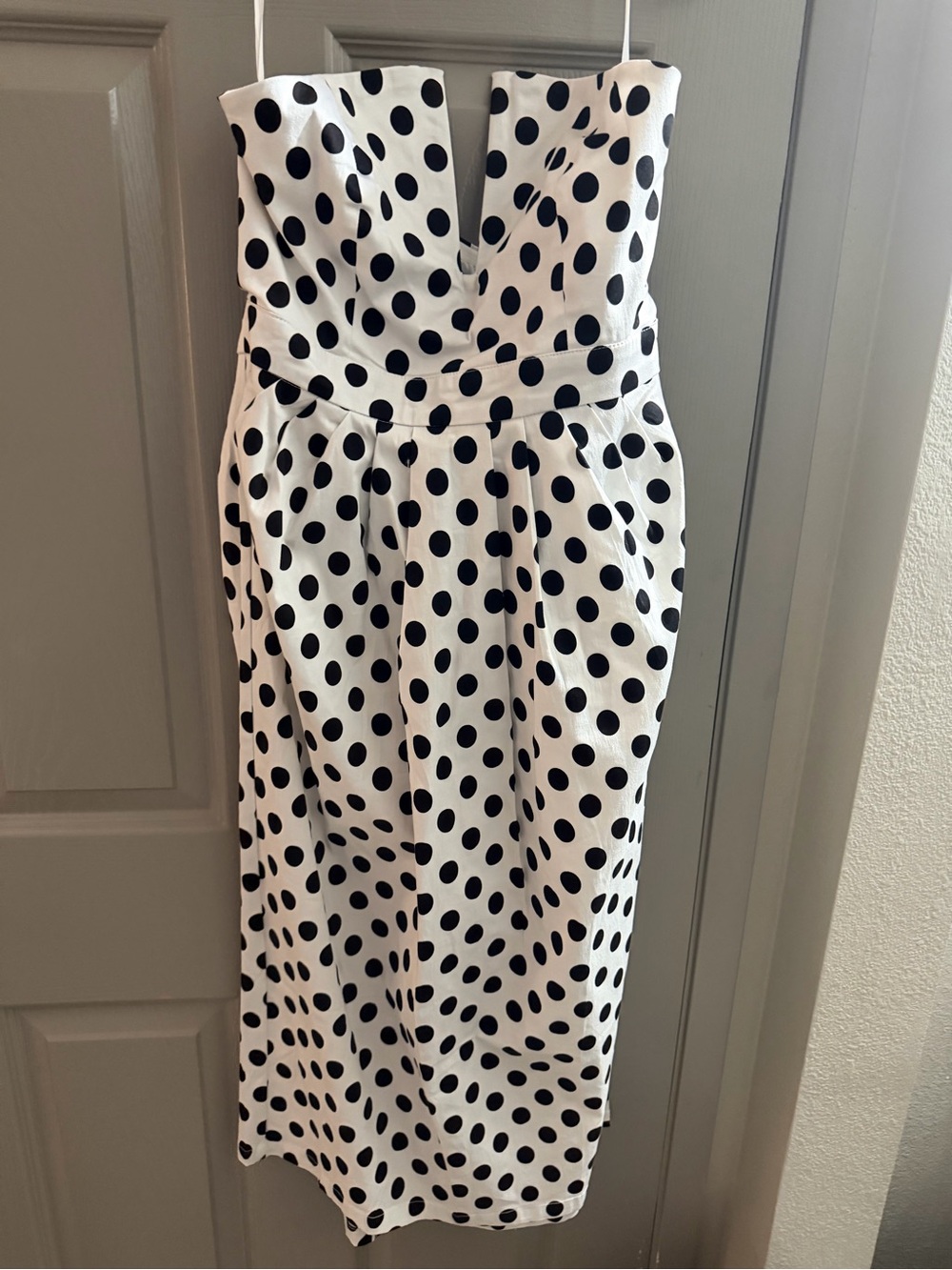 Strapless White Midi Dress with Black Polka Dots